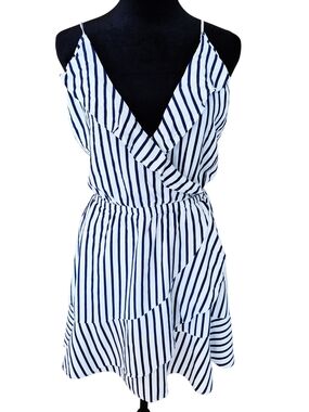Express Striped Faux Wrap Mini Dress Large Blue White Ruffle Sundress